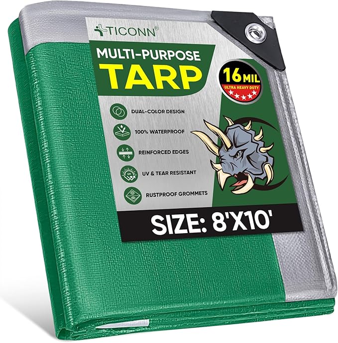TICONN Heavy Duty Tarp Cover, Extra Thick Tarps Waterproof Tear and Rip Proof UV Resistant Tarpaulin with Reinforced Grommets and Edges (16 Mil, 8'x10')