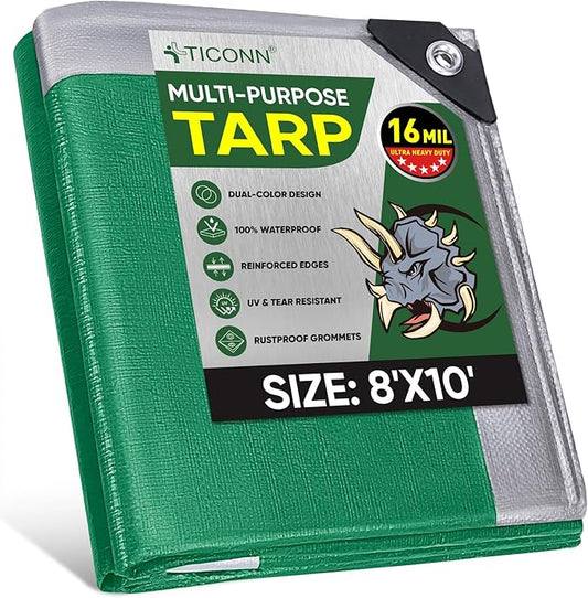 TICONN Heavy Duty Tarp Cover, Extra Thick Tarps Waterproof Tear and Rip Proof UV Resistant Tarpaulin with Reinforced Grommets and Edges (16 Mil, 8'x10')