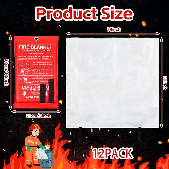 Macarrie 12 Pack Fire Blankets 39” x 39” Fire Blanket Emergency for Home and Kitchen Extinguisher Blankets Fiberglass Suppression Blanket Safety Fireproof Survival for Car Office Warehouse (Red)