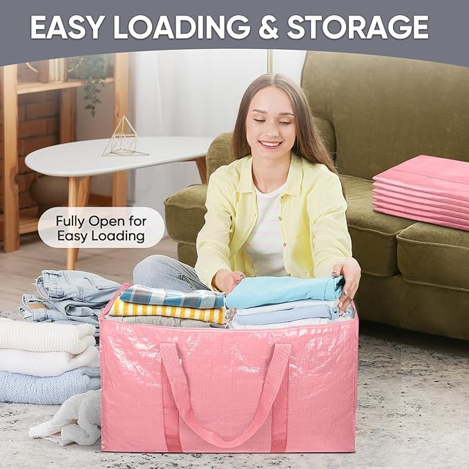 TICONN 4 Pack Extra Large Moving Bags with Zippers & Carrying Handles, Heavy-Duty Storage Tote Moving Boxes for Space Saving (4 Pack, Coral)