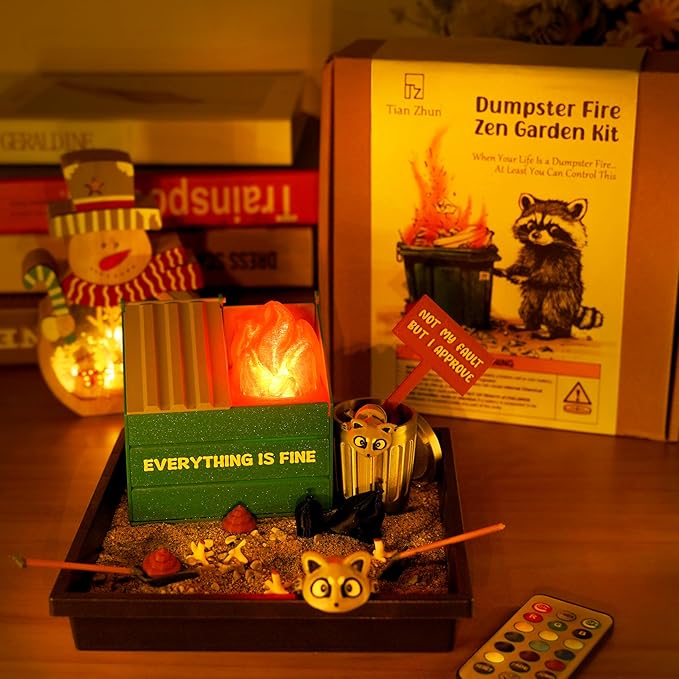 Tian Zhun Dumpster Fire Zen Garden for Desk LED Mini Zen Garden Funny Sand Tray Therapy Kit Office Gift white Elephant Gifts Gag Gifts for Work Coworkers Men Boss Adults