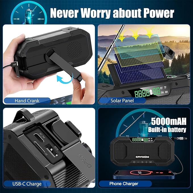 Solar Hand Crank Emergency Radio with Waterproof Bluetooth Speaker,Portable AM FM NOAA Weather Radio, Rechargeable 5000mAh Battery Power, Wind Up Flashlight Phone Charger, SOS,Survival Storm Hurricane