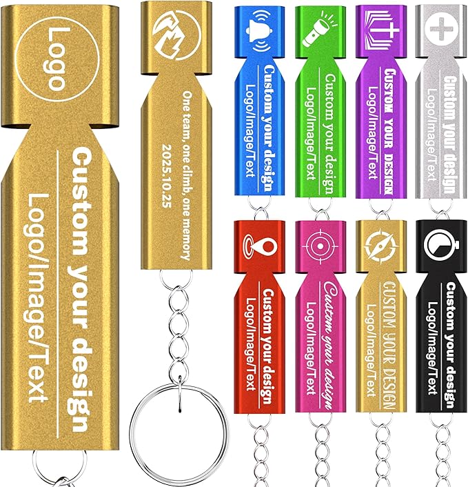 10Pcs Custom Emergency Whistles, Personalized Aluminum Safety Survival Whistle with Keychain, Engraved Name or Logo, Double Tube High Pitch for Outdoor Camping, Hiking, Boating, Fishing