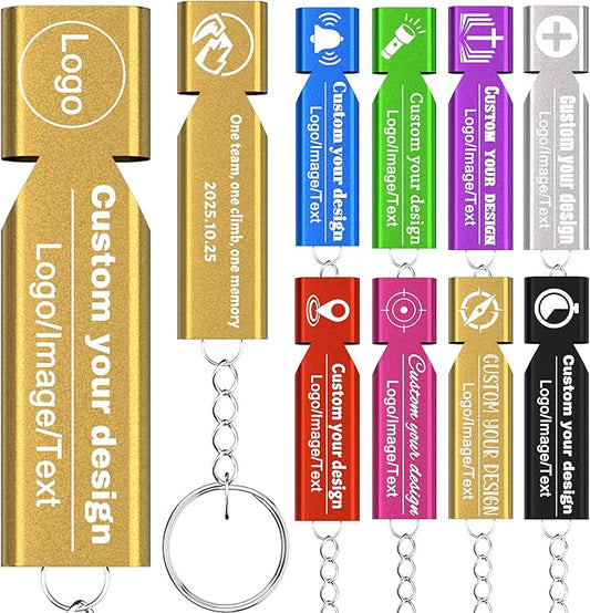 10Pcs Custom Emergency Whistles, Personalized Aluminum Safety Survival Whistle with Keychain, Engraved Name or Logo, Double Tube High Pitch for Outdoor Camping, Hiking, Boating, Fishing
