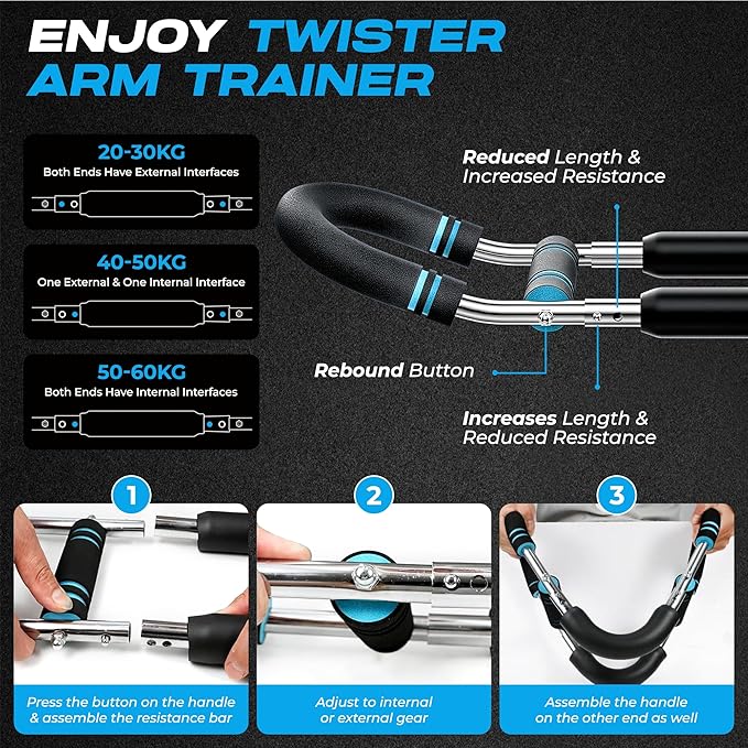 Adjustable Twister Arm Trainer for Chest, Biceps & Forearms – 12-Level Resistance Arm Exerciser Bar (40–130 lbs) | Upper Body Strength Training Equipment with Durable Steel Build & Carry Bag