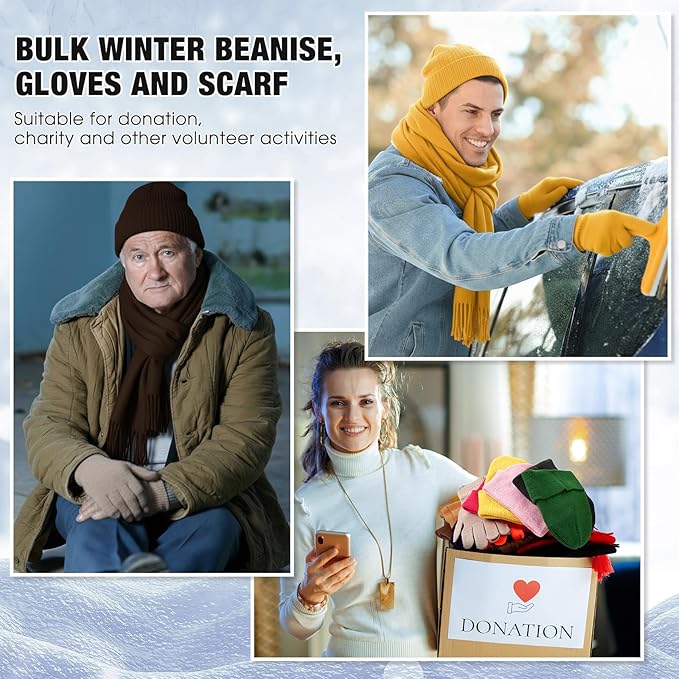 Unittype 300 Pcs Winter Homeless Care Supplies Bulk - Beanies Caps Gloves Scarves Set for Community Charity Church Donation