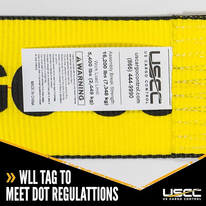 US Cargo Control 4 Inch Winch Strap with D-Ring Fitting, 27 Feet Long, Heavy Duty Trailer Winch Strap for Safe Cargo Securement, Zinc-Coated D-Ring for Easy Attachment, Yellow, 2-Pack