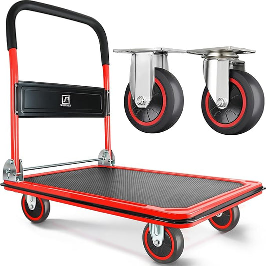 Push Cart Dolly by Wellmax, Moving Platform Hand Truck, Foldable for Easy Storage and 360 Degree Swivel Wheels with 660lb Weight Capacity, Red Color