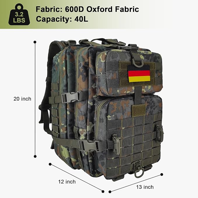 MOLLE Assault Backpack, Tactical Backpack Military Army Camping Rucksack, 3-Day Pack Trip w/USA Flag Patch, D-Rings, Flecktarn