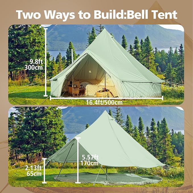 Cotton Canvas Bell Tent, Waterproof Large Tents with Sturdy Center & Door Pole and Space for 4/6/8 Person All 4 Season Camping Yurt Tent