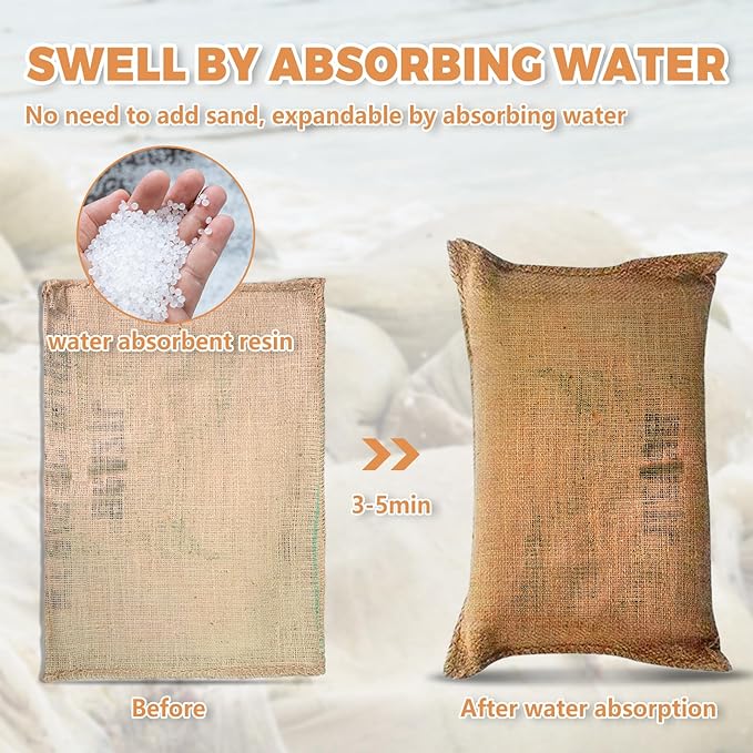 10-Pack Reusable Sandless Flood Barriers, 16x24 in Heavy-Duty Burlap Bags, Expands to 44 lbs for Home, Garage, Basement, or Tent Use