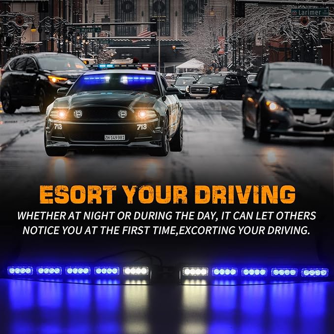 XRIDONSEN 34 inch Blue Emergency Visor Lights Bar Interior Front Windshield Strobe Lights 40 LED Warning Safety Flashing Hazard Light w/White Take Down for firefighter Police Vehicles Trucks