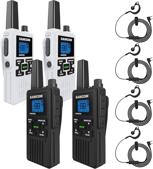 SAMCOM FWCN30A Group Walkie Talkies Long Range, Rechargeable 1250mAh Battery 22 FRS Channel Two Way Radios with Earpieces for Adults, Handheld Walky Talky with Type-C Cable,4 Packs