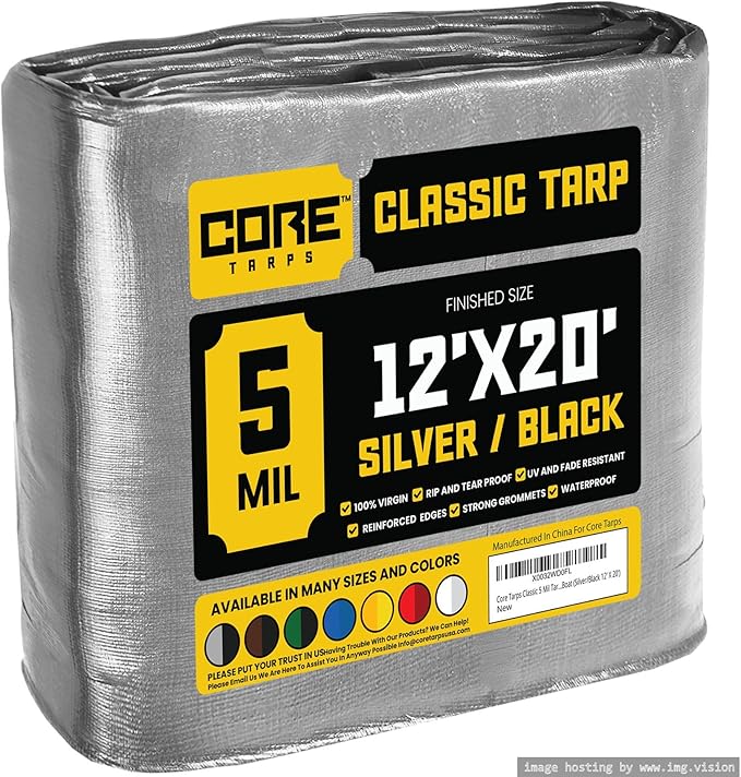 Core Tarps Classic 5 Mil Tarp Cover, Waterproof, UV Resistant, Rip and Tear Proof, Poly Tarpaulin with Reinforced Edges for Roof, Camping, Patio, Pool Cover, Boat (Silver/Black 12′ X 20′)