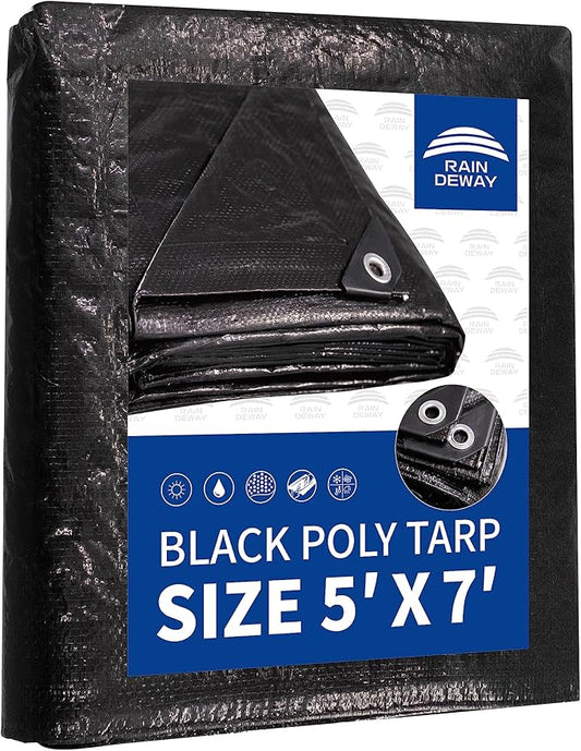 RAINDEWAY Small Black Tarp 5x7 Feet, UV Resistant, 8 Mil Multipurpose Medium Duty Waterproof Poly Tarp Cover with Metal Grommets and Reinforced Edges