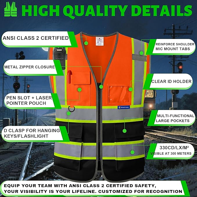 BeautyWill 10 Pack Custom Logo Safety Vest ANSI Class 2 High Visibility Reflective Vest Personalized Construction Vest Bulk