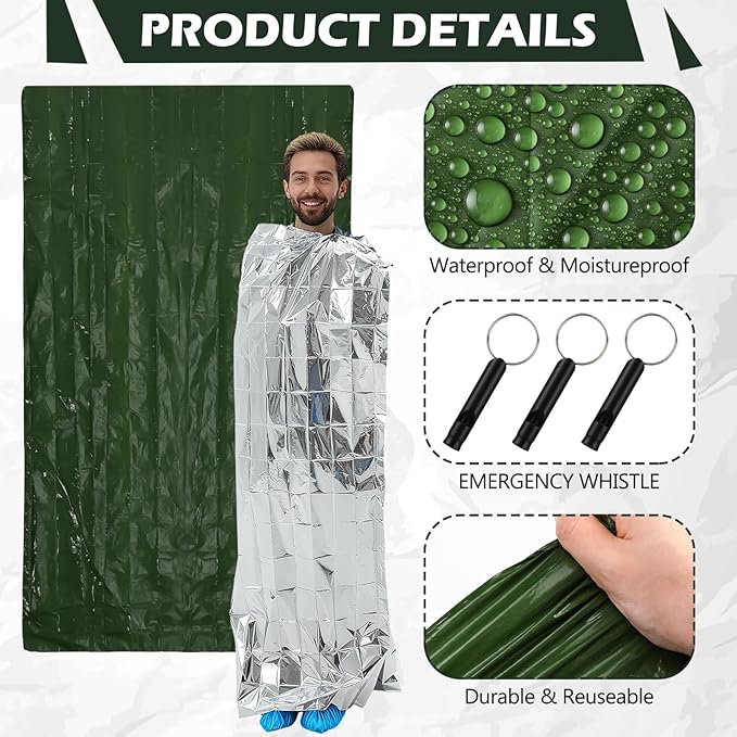 6 Pack 82.7" x 49.2" Emergency Sleeping Bag Emergency Thermal Blanket Survival Bivvy Sack Blanket with Whistle Waterproof Lightweight Portable Shelter for Outdoor Camping Hiking