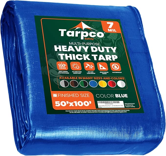 Tarpco Safety Heavy Duty 7 Mil Tarp Cover, Waterproof, UV Resistant, Rip and Tear Proof, Poly Tarpaulin with Reinforced Edges for Roof, Camping, Patio, Pool Cover, Boat (Blue 50′ X 100′)