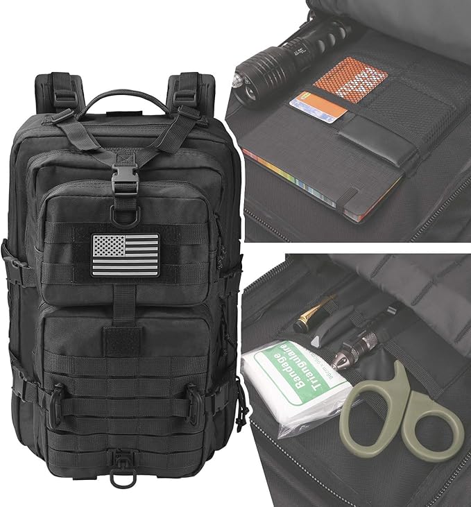 MOLLE Assault Backpack, Tactical Backpack Military Army Camping Rucksack, 3-Day Pack, D-Rings, Black with Gray Patch
