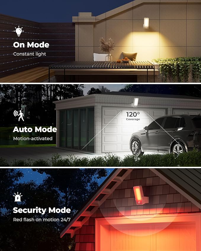 2 Pack Motion Sensor Outdoor Lights, 10000mAh Rechargeable 600 Lumen Battery Operated Outdoor Lights with 3 Modes, 3 Colors, IP65 Waterproof Outdoor Security Lights for Fences, Garage, Patio