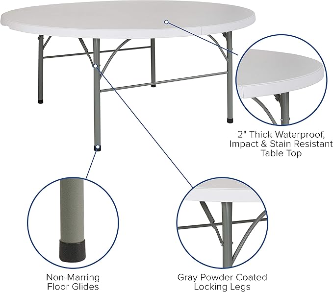 Flash Furniture Stonewall 6' Round Plastic Folding Event Table with Carrying Handle, Bi-Fold Banquet Table for Indoor/Outdoor Events, White