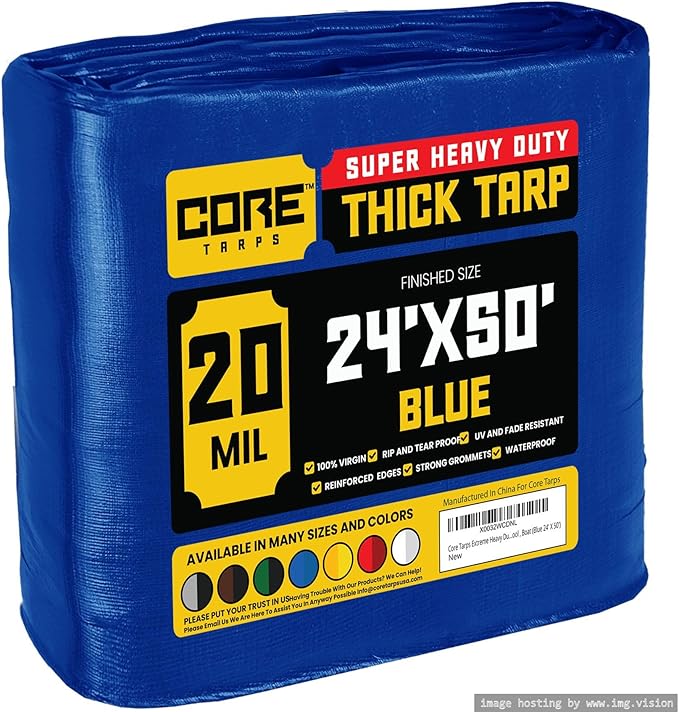 Core Tarps Extreme Heavy Duty 20 Mil Tarp Cover, Waterproof, UV Resistant, Rip and Tear Proof, Poly Tarpaulin with Reinforced Edges for Roof, Camping, Patio, Pool, Boat (Blue 24′ X 50′)