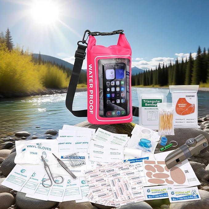 154 Pieces Waterproof Boat First Aid Kit Dry Bag with Cell Phone Bug Out Bags Pouch Roll Top Boat Emergency Kit 2-in-1 for Camping Fishing Kayaking Swimming Rafting