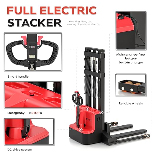 Full Electric Forklift Walkie Pallet Stacker 3300 Lb Capacity 98 Inch Lifting Height and Full Electric Power Pallet Jack 3300 Lb Capacity 48” L x 27” W Fork Size