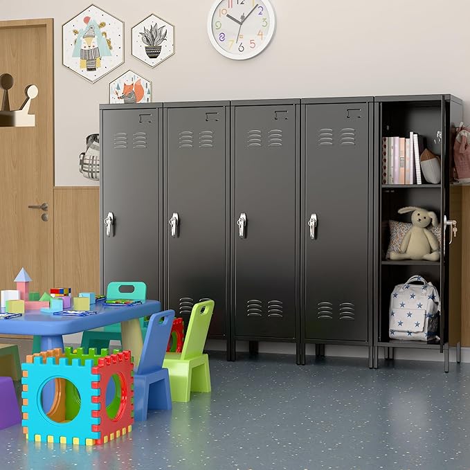 Lockable Metal Lockers with Handle,Metal Storage Locker with 2 Pegboard & 5 Hooks for Home,Office,School,Black,Required Assembly