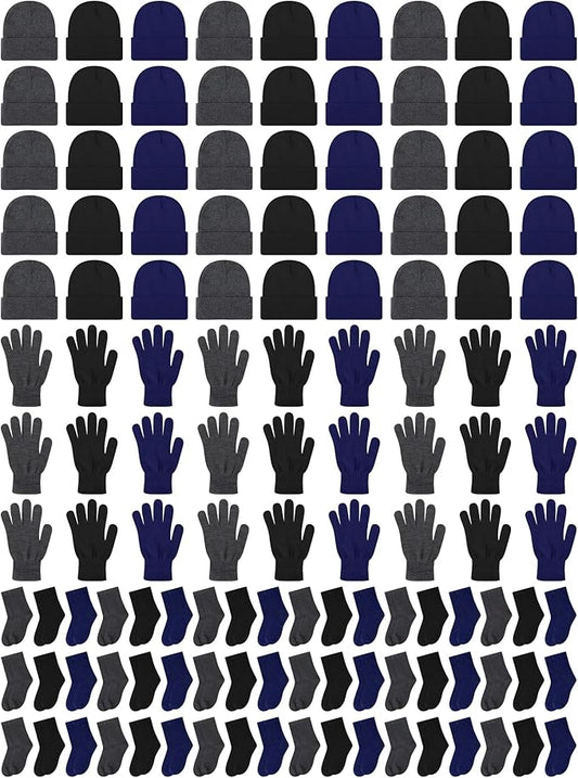 Suhine 150 Pcs Bulk Homeless Supplies Winter Beanies Gloves Socks Set Warm Care Package Homeless Kits for Cold Weather Items