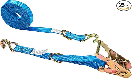 US Cargo Control J Hook Ratchet Strap 1" x 20' (25-Pack), 1 Inch Ratchet Straps with Double J-Hooks & D-Rings, 1,320 LBS Break Strength, Versatile Cargo Tie Downs for Pickup Trucks, Trailers, & More