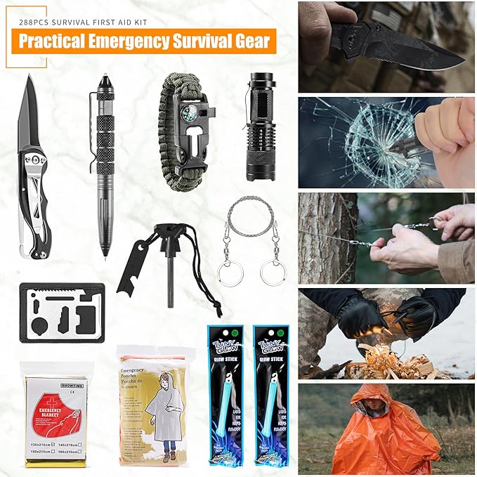 Survival First Aid Kit, Molle Medical Pouch 288PCS Outdoor Emergency Survival Gear and Equipment for Hiking Camping Hunting Car Boat Home Travel and Adventures, Gift for Him Men(Khaki)