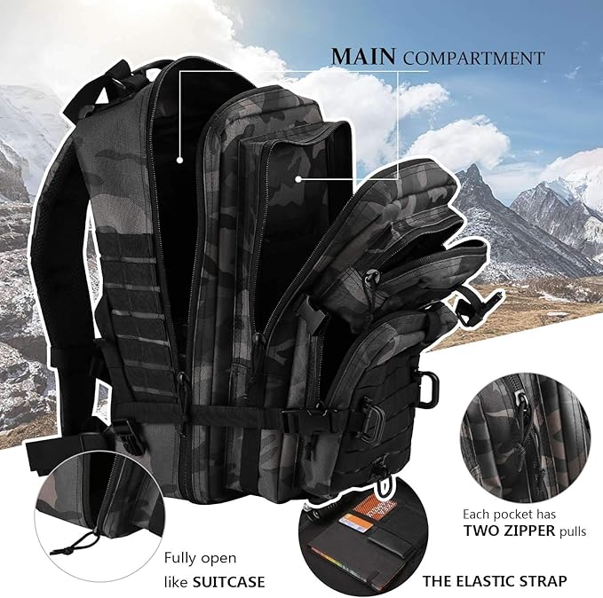 MOLLE Assault Pack, Tactical Backpack Military Army Camping Rucksack, 3-Day Pack Trip w/USA Flag Patch, D-Rings, Black Camo