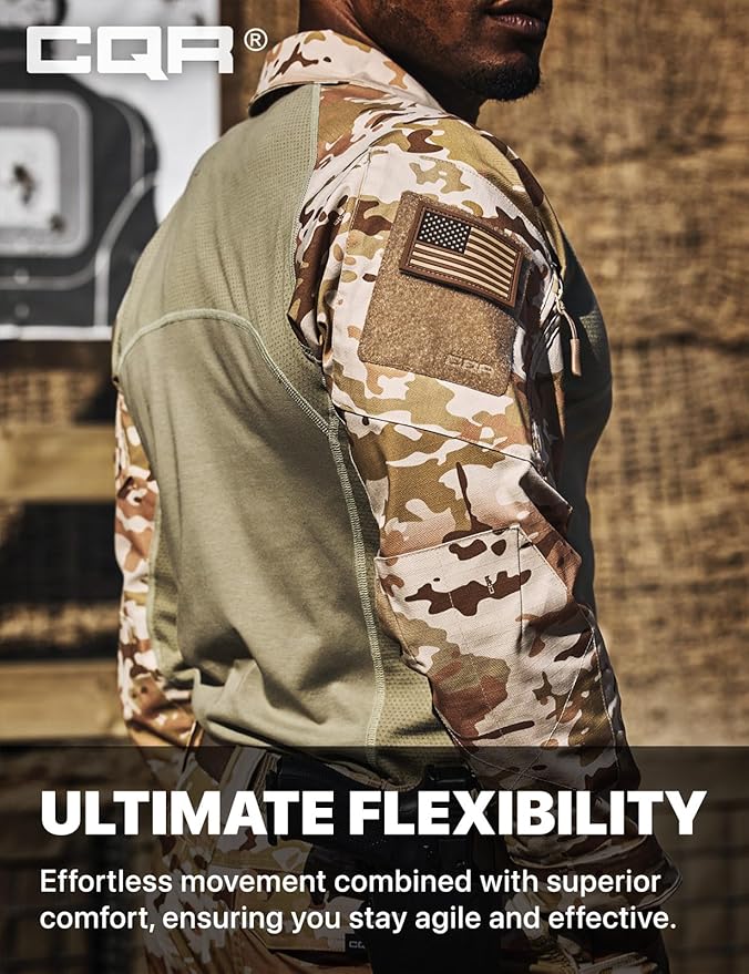 CQR Men's Combat Shirt Tactical 1/4 Zip Long Sleeve Military BDU Shirts Camo EDC Top with Pockets