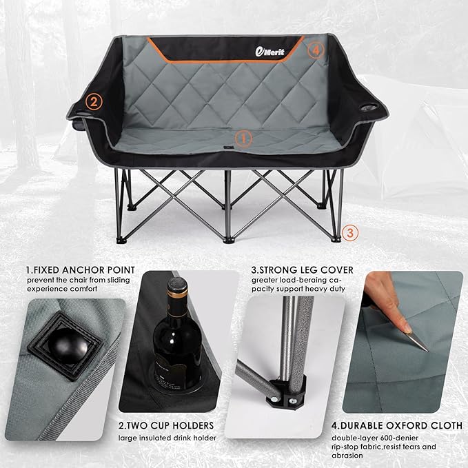 EMERIT Oversized Camping Chair with 650LB Capacity - Heavy Duty Folding Loveseat Camping Couch with Deep Seat & Rip-Resistant Fabric, Padded Comfort, Cup Holders for Outdoor, Lawn & Sports.