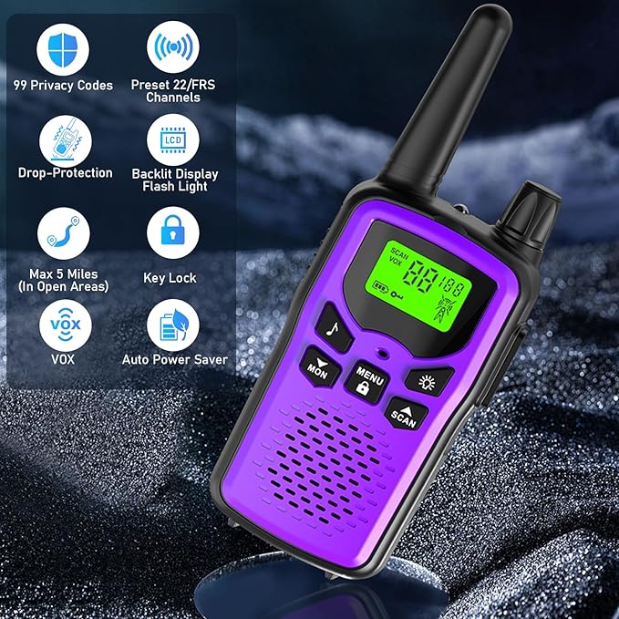 Walkie Talkies for Adults Long Range,Kartal Rechargeable Walkie Talkies with 22 FRS Channels,Two Way Radios with LED Flashlight for Hiking Cruises Camping (Purple)