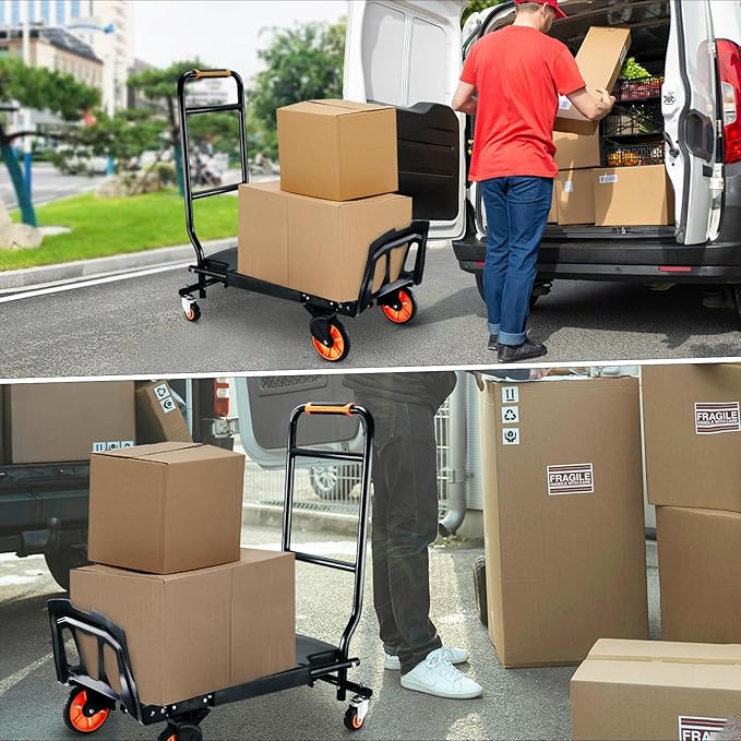 Folding Hand Truck，500lbs Capacity Heavy Duty Carrying Hand Cart，Ironton Steel Hand Truck with 4 Rotate Wheels，for Luggage, Moving, Shopping, Office,Travel Use(Orange)