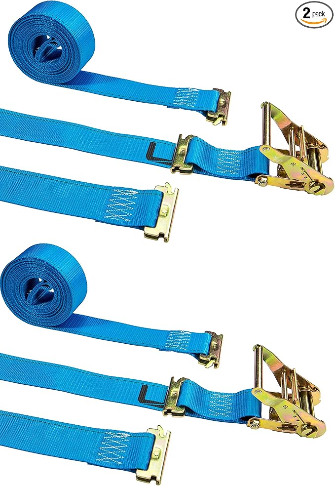 US Cargo Control Double-Fitted E-Track Ratchet Straps (2 Pack), 4,400 LBS Break Strength, 2 Inch x 20 Foot Heavy Duty E Track Straps with 3 Spring E-Fittings, Versatile 2-in-1 Logistic Tiedowns
