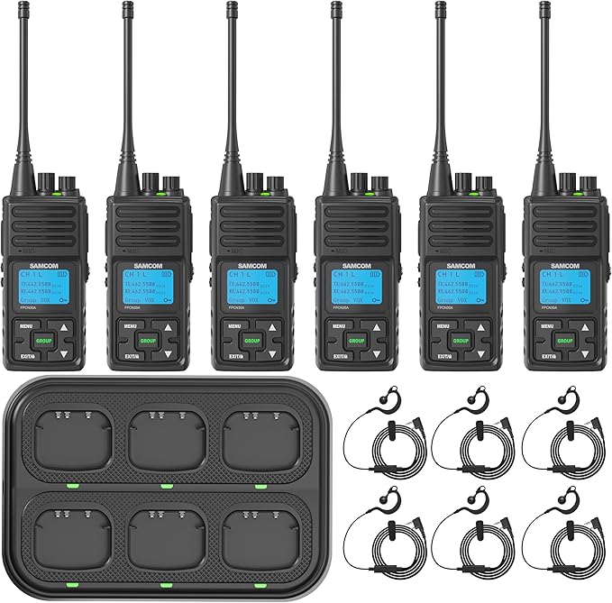 SAMCOM FPCN30A Radios Walkie Talkies Long Range Business Commercial Programmable UHF 2 Way Radios Two-Way Radio(6 Pack) with 6 Way Multi Gang Charger & Earpieces