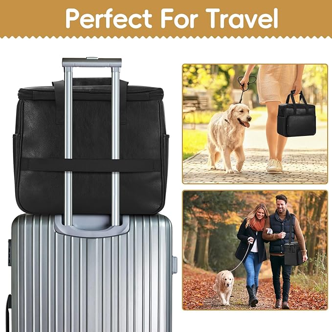 Dog Travel Bag, Leather Travel Pet Bag Set for Dog and Cat, Airline Approved Tote Organizer with Multi-Function Pockets, 2 Food Storage Containers, 2 Collapsible Bowls