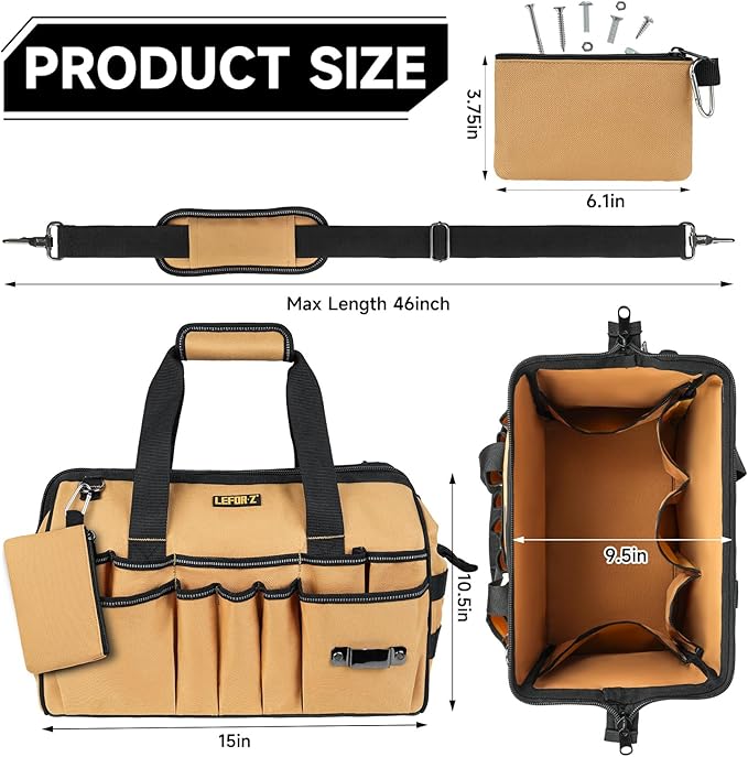 15-Inch Tool Bag,38 Pockets Tool Bags for Men,Heavy Duty Tool Box Organizer Storage,Wide Mouth Toolbag Tools Tote Carrying Case for Dad,Mechanic,Electrician,Brown,Bag Only