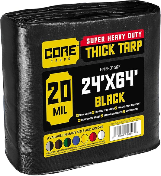 Core Tarps Extreme Heavy Duty 20 Mil Tarp Cover, Waterproof, UV Resistant, Rip and Tear Proof, Poly Tarpaulin with Reinforced Edges for Roof, Camping, Patio, Pool, Boat (Black 24′ X 64′)