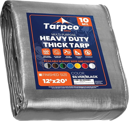 Tarpco Safety Heavy Duty 10 Mil Tarp Cover, Waterproof, UV Resistant, Rip and Tear Proof, Poly Tarpaulin with Reinforced Edges for Camping, Roof, Patio, Pool, Boat. (Silver/Black 12′ X 20′)