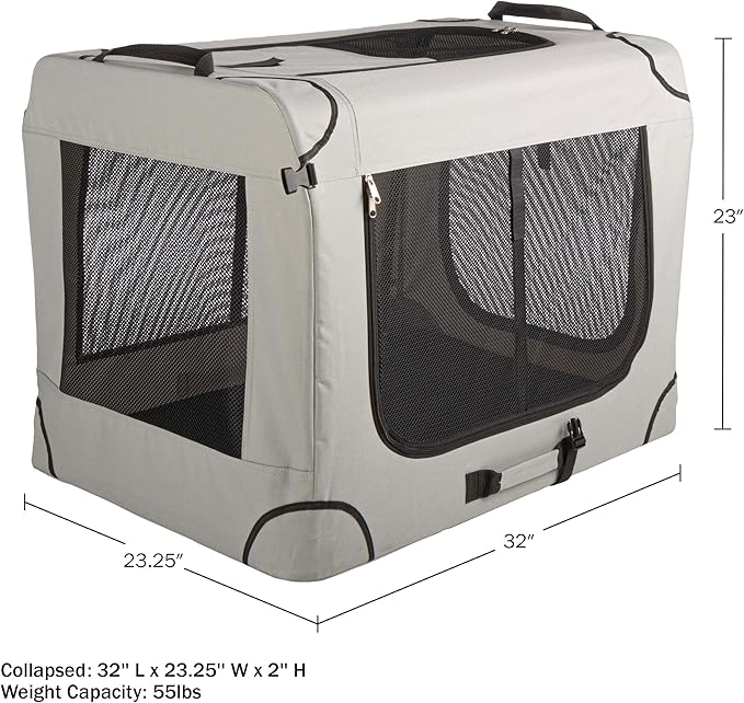 Soft Dog Crate - 32x23.25x23 Collapsible Dog Crate for Medium Pets - Portable Travel Pet Crate with 3 Doors, Mesh Windows, and Removable Divider - Travel Accessories by PETMAKER (Gray)