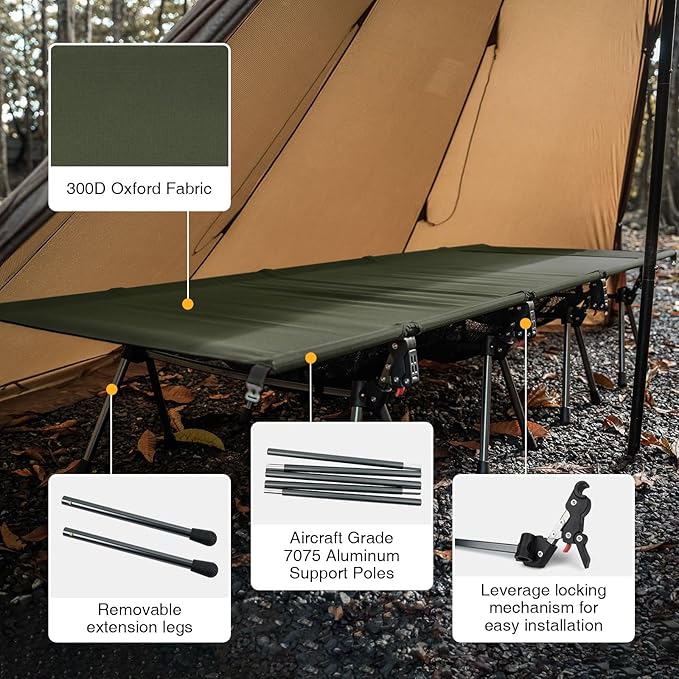 ONETIGRIS SUPRATIROS Extra Large Camping Cot, Height Adjustable Oversized Sleeping Cot with Extending Legs for Camping, Car Trips, Truck, Beach, Office Nap, Sturdy Supports Up to 400lbs (Ranger Green)