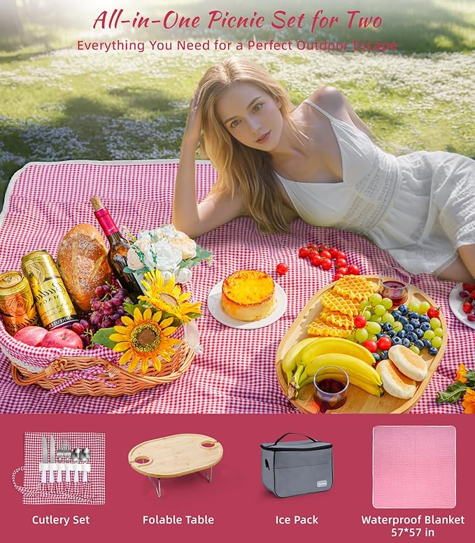 Picnic Basket for 2 with Table and Blanket Collapsible Cooler Bag Insulated Picnic Set for Beach Picnic Hamper Picnic Date Essentials for Outdoor Picnic Accessories Wedding Gift/Bridal Shower Gift