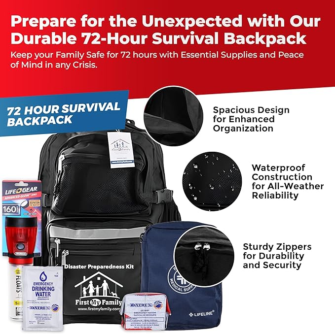 All-in-One 4 Person, LifeStraw Go, 72 Hour Bug Out Bag Emergency Survival Kit for Family. Be Prepared for Hurricanes, Floods, Tsunami, Other Disasters