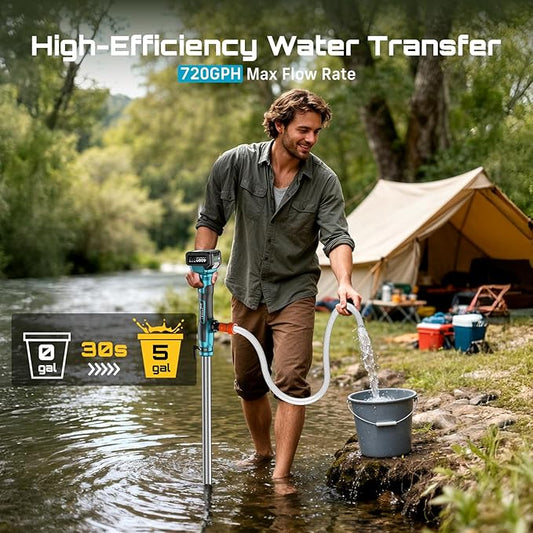 SEESII Cordless Stick Water Transfer Pump, with 4000mAh 21V Battery & Charger, 720GPH, 32FT Head, Handheld Portable Utility Sump Pump Kit with 3/4" Outlet for Pool/Garden/Pond/RV/Boat Draining