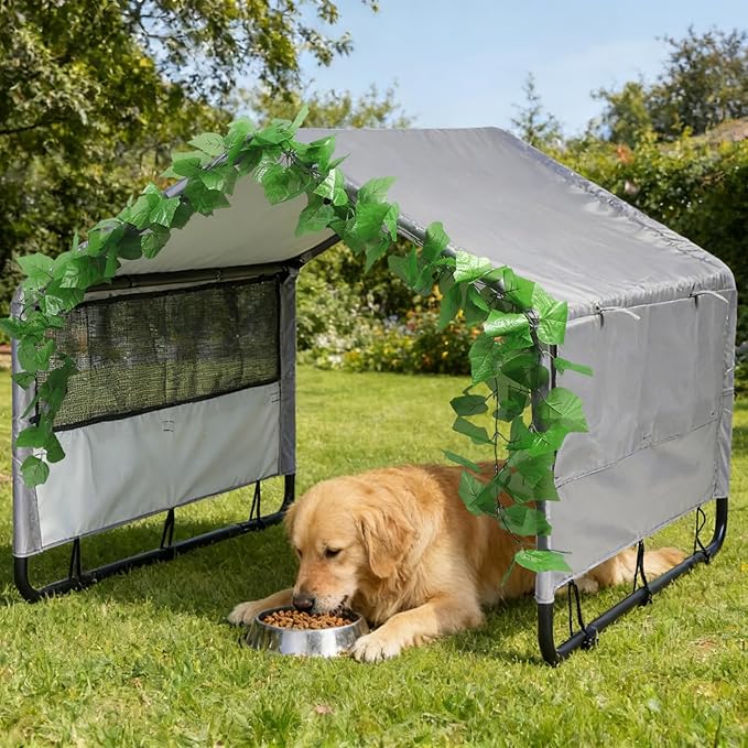 Large Dog House Shade Shelter Outdoor Tent for Large Medium Dogs, Outside Sun Rain Canopy Pet House for Homeless Cats Pigs Livestock with Rainproof Cover with Artificial Grapevine Leaves