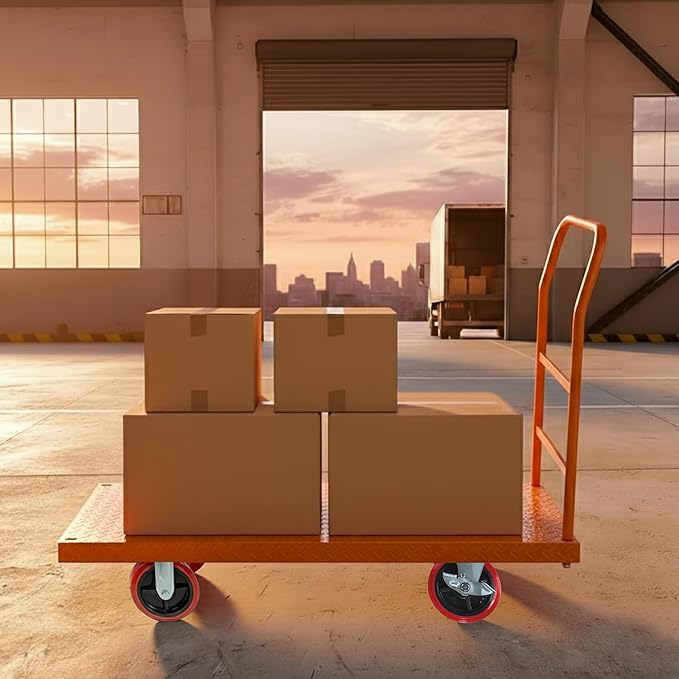 5Seconds Flatbed Platform Cart Industrial Dolly Heavy Duty 48” x 24” Platform Hand Push Truck Super Heavy Duty Diamond Plate Flatbed Cart with 3000Lb Capacity 8'' Swivel Wheels with Lock